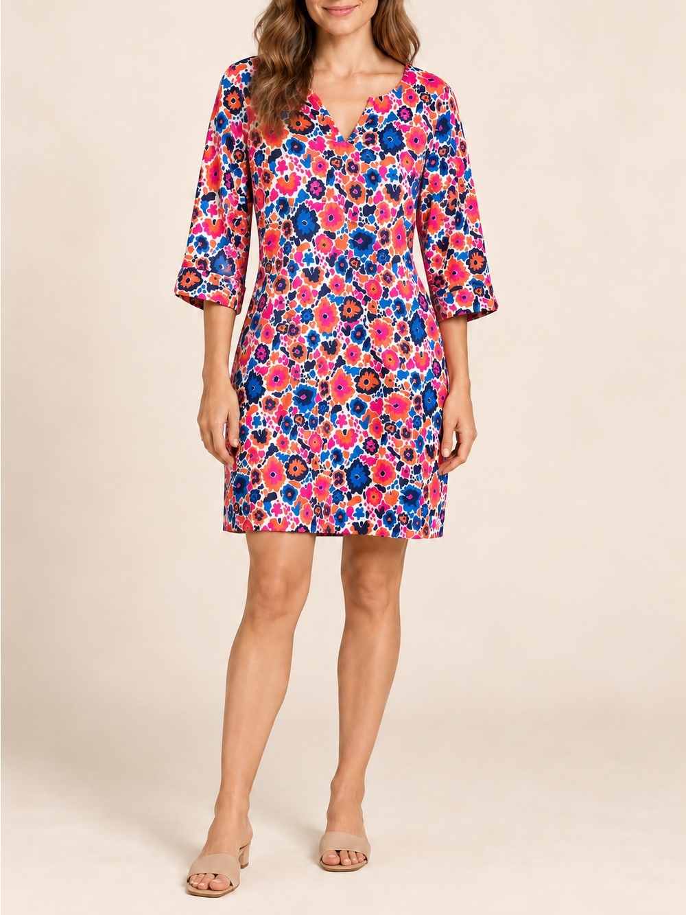 Hatley Lucy XL Floral Cotton Shift Dress Pink Orange Blue 3/4 Sleeve